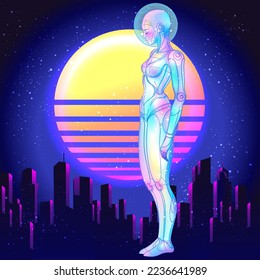 Portrait of robot android woman in retro futurism style. Vector illustration 
 of a cyborg in glowing neon bright colors. futuristic synth wave  flyer template. Cyber technology.
