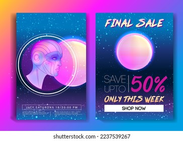 Portrait of robot android woman in retro futurism style. Vector illustration of a cyborg in glowing neon bright colors. futuristic synth wave  flyer template. Cyber technology. 
