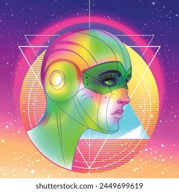 Portrait of robot android woman in retro futurism style. Vector illustration 
 of a cyborg in glowing neon bright colors. futuristic synth wave  flyer template. Cyber technology.