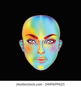 Portrait of robot android woman in retro futurism style. Vector illustration  of a cyborg in glowing neon bright colors. futuristic synth wave  flyer template. Cyber technology.