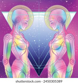 Portrait of robot android woman in retro futurism style. Vector illustration 
 of a cyborg in glowing neon bright colors. futuristic synth wave  flyer template. Cyber technology.