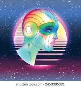 Portrait of robot android woman in retro futurism style. Vector illustration 
 of a cyborg in glowing neon bright colors. futuristic synth wave  flyer template. Cyber technology.