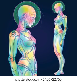 Portrait of robot android woman in retro futurism style. Vector illustration 
 of a cyborg in glowing neon bright colors. futuristic synth wave  flyer template. Cyber technology.