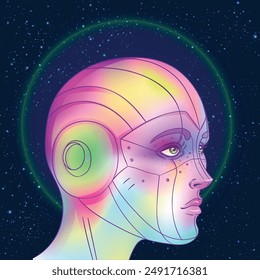 Portrait of robot android woman in retro futurism style. Vector illustration 
 of a cyborg in glowing neon bright colors. futuristic synth wave  flyer template. Cyber technology.