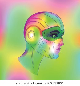 Portrait of robot android woman in retro futurism style. Vector illustration 
 of a cyborg in glowing neon bright colors. futuristic synth wave  flyer template. Cyber technology.