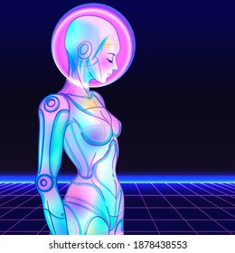 Portrait of robot woman in retro futurism style. Vector illustration 
 of a cyborg in glowing neon bright colors. futuristic synth wave  flyer template. Cyber technology.