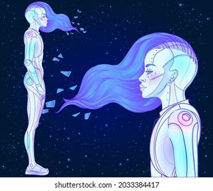 Portrait of robot woman in retro futurism style. Vector illustration of a cyborg in glowing neon bright colors. futuristic synth wave  flyer template. Cyber technology. African american style.