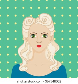 Portrait Of Rockabilly Girl With Long Blonde Hair. Hairstyle Victory Rolls