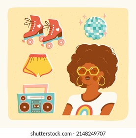 Portrait of a roller skater girl with afro. Vector illustration of a young woman and 70s disco related items. Trendy retro style.