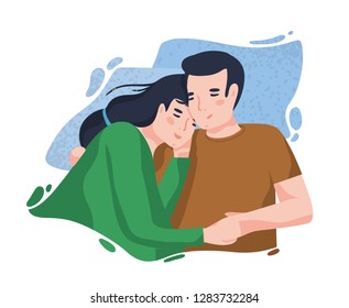 Portrait of romantic couple against blue blot on background. Boyfriend and girlfriend hugging or cuddling. Man and woman in love. Cute cartoon characters. Colorful vector illustration in flat style.