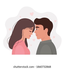 Retrato de una pareja romántica enamorada. Joven y mujer enamorada, antes del beso. La imagen de ternura y pasión en una relación. Ilustración vectorial en estilo plano de caricatura