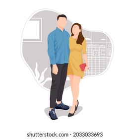 retrato de pareja romántica posando con trajes elegantes, para el día de San Valentín. concepto de diseño plano. ilustración vectorial