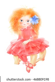 Portrait of romantic girl in vintage red dress. Fashion girl's clothing. Girl dressed as princess. Watercolor style.