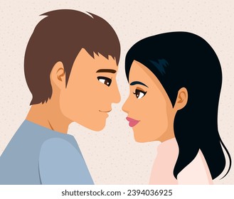 Portrait of romantic man and woman looking at each other first kiss concept illustration. Romance, passion and tenderness between male and female character