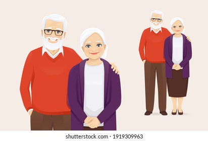 Portrait Of Romantic Senior Couple Standing. Old Man And Woman, Grandparents Isolated Vector Illustration.