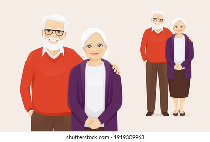 Portrait of romantic senior couple standing. Old man and woman, grandparents isolated vector illustration.