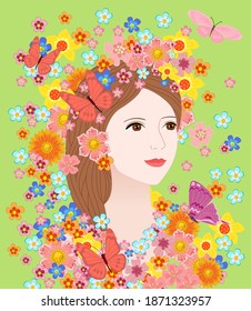 portrait of romantic young woman with brown hair and eyes looking away surrounded by colorful flowers and butterflies against green background 