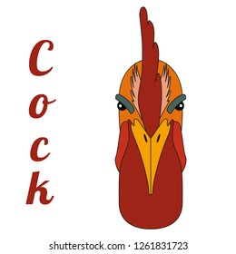 Portrait of a rooster head. Color illustration. Flat vector image of poultry cock as a design element for logo, icon, template, label.