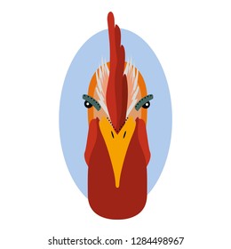 Portrait of a rooster head. Color illustration. Flat vector image of poultry cock as a design element for logo, icon, template, label.