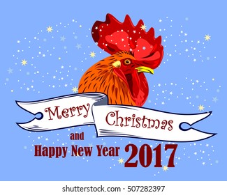Portrait of a rooster on the background of a banner with the wishes of a Merry Christmas