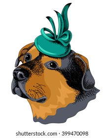 Portrait of a rottweiler in the royal hat with feathers. Vector illustration. Printing on T-shirt