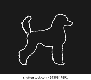 Portrait of Royal Poodle vector line contour silhouette illustration isolated on black background. French poodle shape shadow. Beware of dog sign. Dog show exhibition.