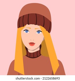 Portrait Of A Russian Girl In A Winter Hat And Sweater. Avatar For Social Networks. Vector Flat Illustration.