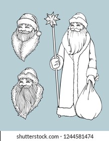 Portrait of Russian Santa Claus. Black and white vector sketched illustration with snowflakes. Icon traditional New Year character. Outlined for coloring book.