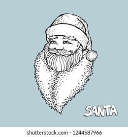 Portrait of Russian Santa Claus. Black and white vector sketched illustration with snowflakes. Icon traditional New Year character. Outlined for coloring book.
