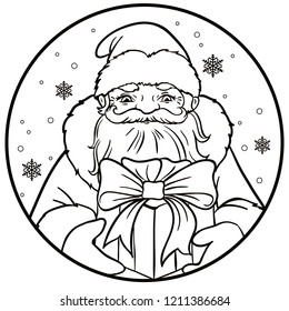 Portrait of Russian Santa Claus with a gift. Vector illustration on a round with snowflakes. Icon traditional New Year character. Outlined for coloring book.
