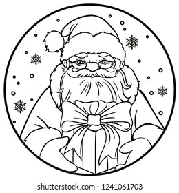 Portrait of Russian Santa Claus. Vector illustration on a round with snowflakes. Icon traditional New Year character. Outlined for coloring book