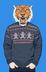 Portrait Of A Saber-toothed Tiger In A Warm Men's Sweater With A Picture In The Form Of Little People