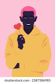 A portrait of a sad African man holding red lollipop in shape of heart. Valentine's Day. Vector flat Illustration