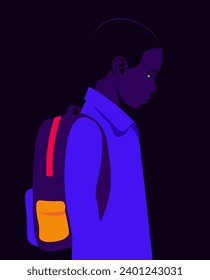 Portrait of a sad African schoolboy with a backpack in profile. Problems with education. Side view. Vector flat illustration