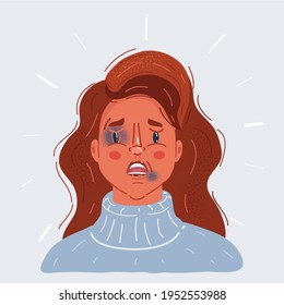 Portrait of sad and angry woman with bruised face and eye. Domestic violence and female abuse victim concept. White Isolated background cartoon vector wife beating and family fight illustration