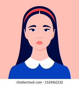 Portrait of a sad Asian girl. Schoolgirl avatar. Face of a child. An orphan. Vector flat illustration