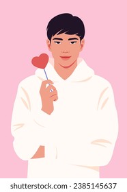 A portrait of a sad Asian man holding red lollipop in shape of heart. Valentine's Day. Vector flat Illustration
