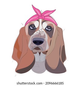 Portrait of a sad Basset Hound with a pink headband on a white background. Vector drawing