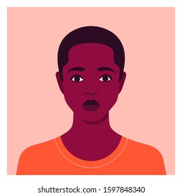 Portrait of a sad boy. Schoolboy avatar. Face of an African child. An orphan. Vector flat illustration