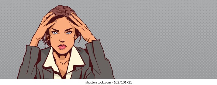 Portrait Of Sad Business Woman Holding Head Businesswoman Stressed Horizontal Banner With Copy Space Vector Illustration