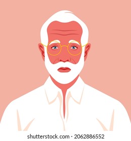 Portrait of a sad elderly man with beard and eyeglasses. Avatar of a grandfather. A face of an old businessman. Depression. Social networks. Vector flat illustration