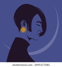 A portrait of a sad elderly woman in profile. A fashion models head with her eyes closed. Depression. Side view. Avatar. Vector flat illustration