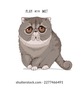 Portrait of the sad funny goggle-eyed cat. Exotic shorthair. Humor card, t-shirt composition, meme, hand drawn style print. Vector illustration.