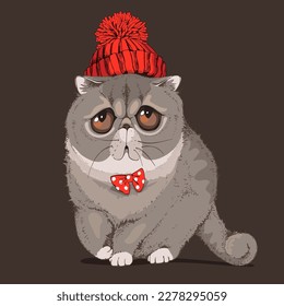 Portrait of the sad funny goggle-eyed cat. Exotic shorthair in the red hat with pompom. Humor card, t-shirt composition, meme, hand drawn style print. Vector illustration.