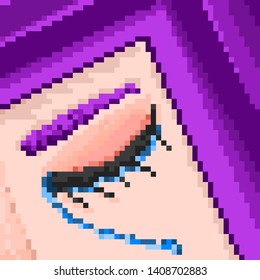 Portrait of a sad girl with purple hair. tears, depression, bad mood, pixel art illustration