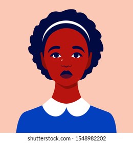 Portrait of a sad girl. Schoolgirl avatar. Face of an African child. An orphan. Vector flat illustration