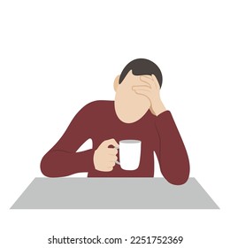 Portrait of a sad guy with a cup in his hands at the table, flat vector, isolate on white, faceless illustration, coffee break