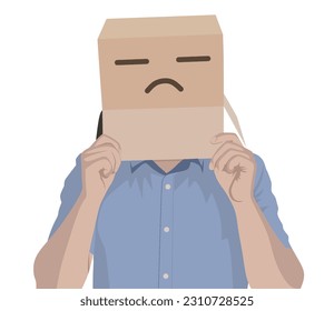 Portrait of a sad man with a box on his head