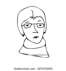 Portrait of a sad man with glasses in the style of doodles. The isolated object on a white background. 