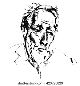 Portrait of sad old man with beard and whisker. Sketched elder serious gentleman. 